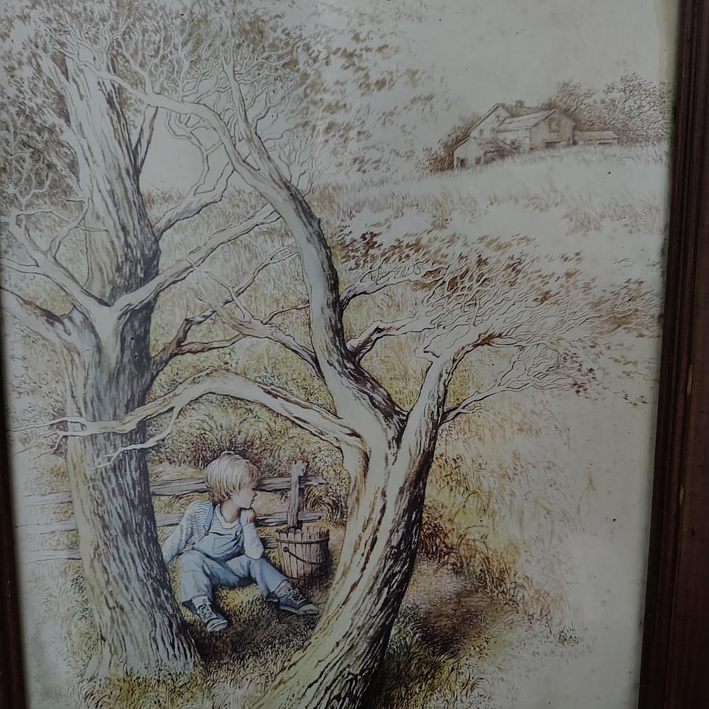 Rustic Landscape Art Print with Boy Under Tree